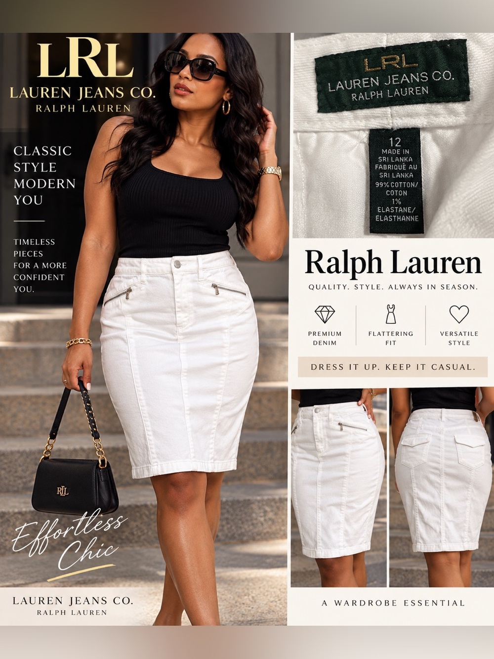 Ralph Lauren White Denim Pencil Skirt with Zip Pocket Details